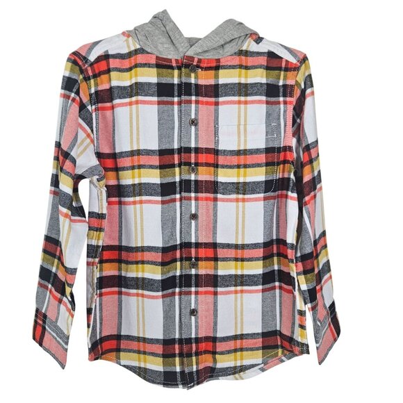 Boys Size Med/ 8 Hooded Plaid Shirt Chest Pocket Button Up Long Sleeve School - Picture 1 of 7